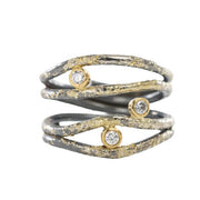 KATE MALLER Oxidized Silver and 18K Yellow Gold Diamond & Dust Orbit Ring